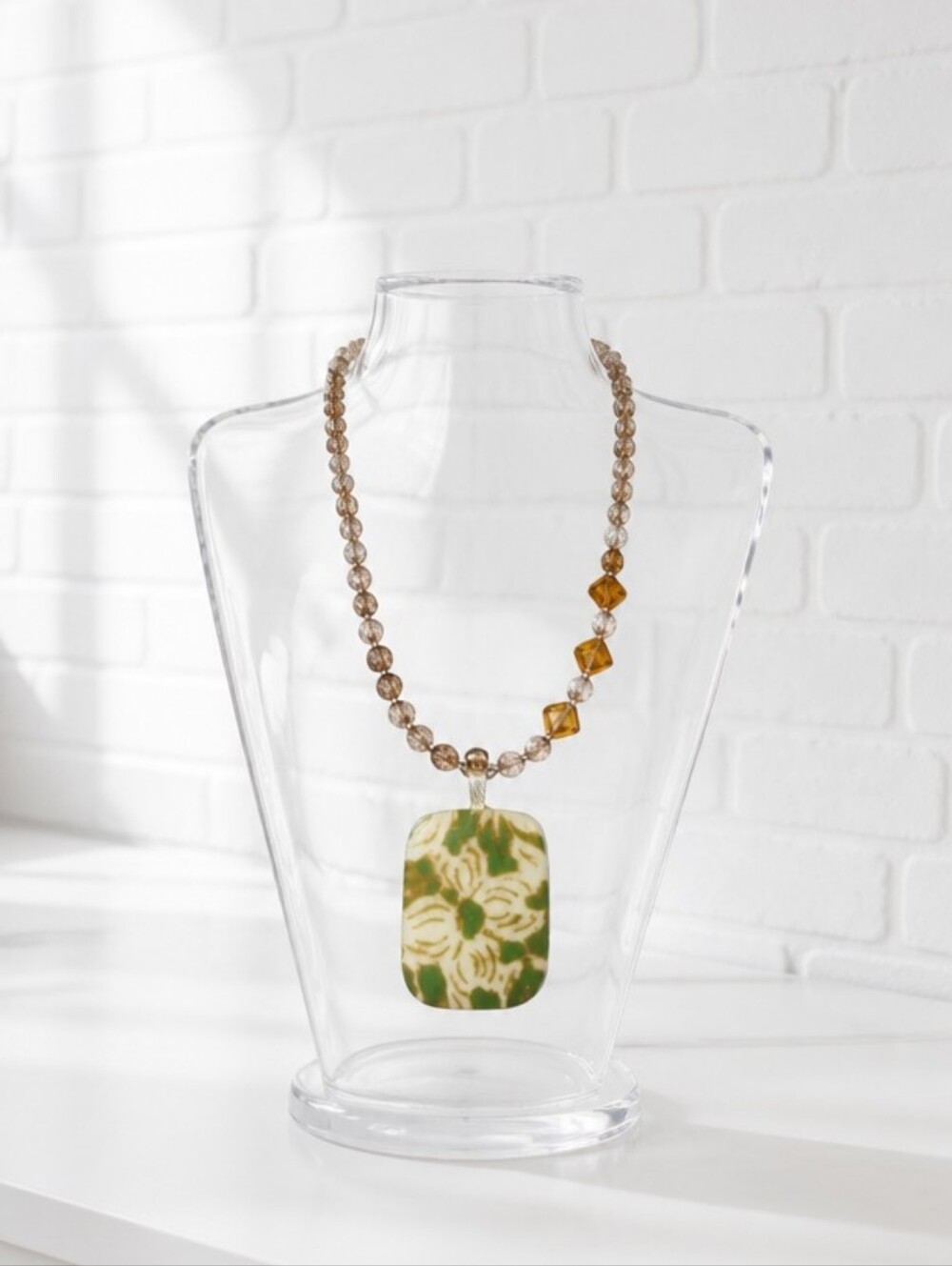 Green Floral Pendant Necklace with Beaded Chain - Women Jewelry